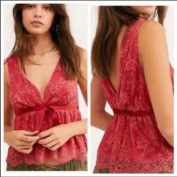 Free People Burnt Red Chante Lace Tank Top Frenchie Kiss Deep V NWT small - Picture 2 of 12